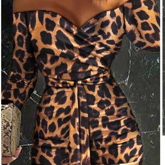 Women’s Off Shoulder Ruched Design Belted Leopard Bodycon Dress, Size Large. New - Picture 2 of 7